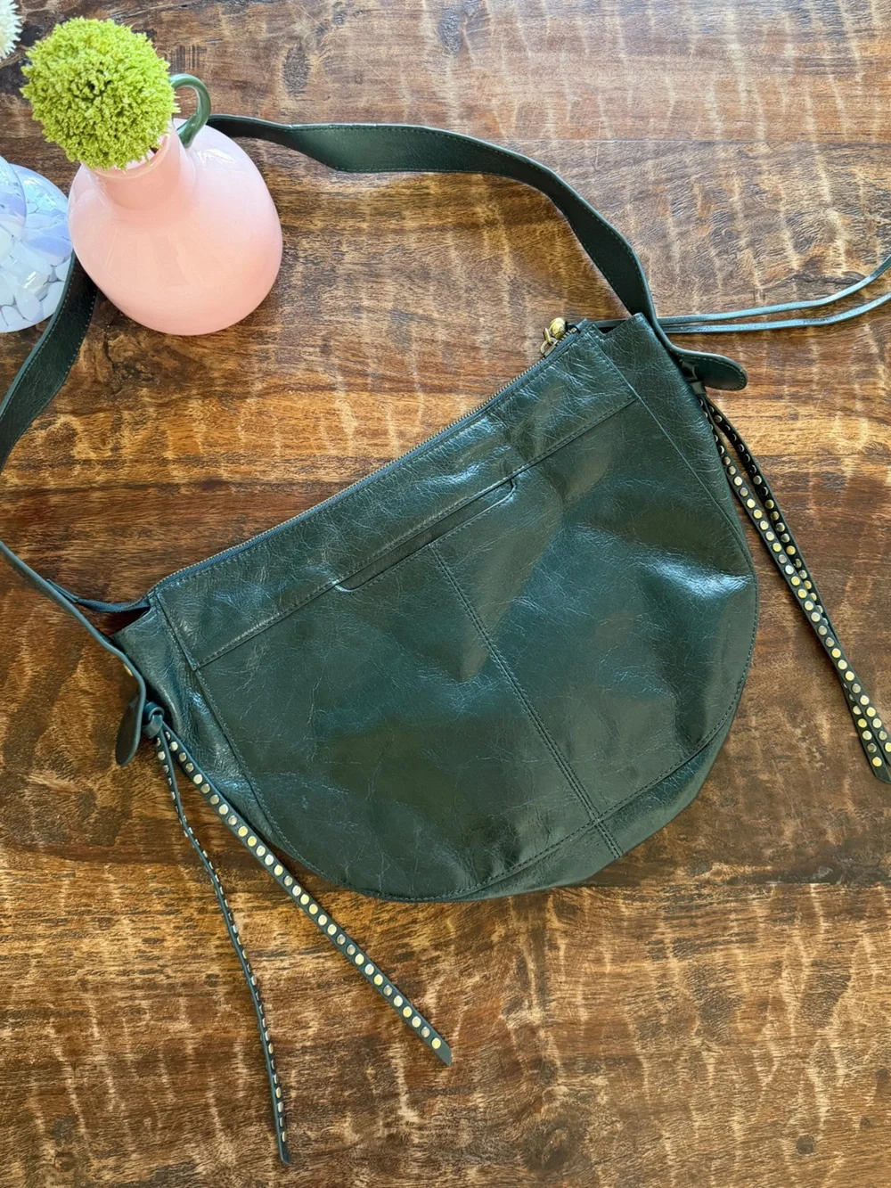 Hobo Dark Green Crinkle Leather Shoulder Bag